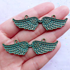 Wings of Angel Connector Charms with Green Patina Finish | Angel Wings Pendant | Kawaii Goth Jewelry Making | Gothic Necklace DIY (2 pcs / Antique Bronze / 57mm x 16mm)