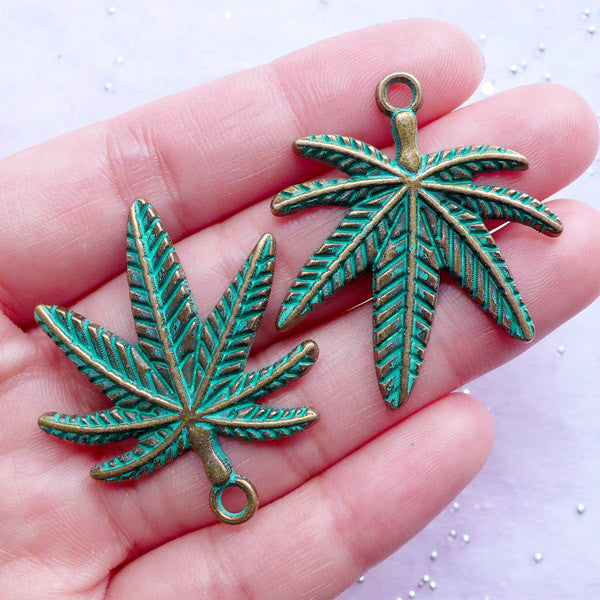 Green Patina Pot Leaf Charms | Marijuana Pendant | Cannabis Weed Grass Charms | Hippy Necklace Making (2 pcs / Antique Bronze / 32mm x 37mm)