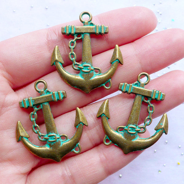 CLEARANCE Antique Anchor Pendant with Green Patina Finish | Nautical Charms | Boat Ship Yacht Charm | Sailing Jewellery DIY (3 pcs / Antique Bronze / 27mm x 31mm / 2 Sided)
