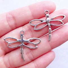 CLEARANCE Hollow Dragonfly Charms | Silver Dragonfly Outline Pendant | Insect Drop | Jewelry Charm Supplies (4 pcs / Tibetan Silver / 31mm x 26mm)