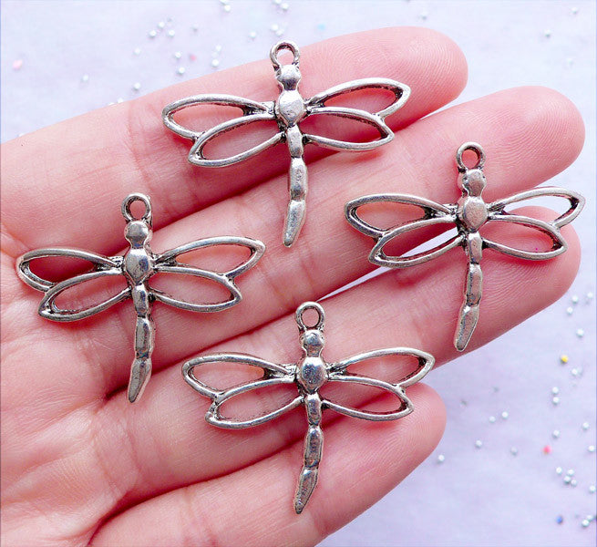CLEARANCE Hollow Dragonfly Charms | Silver Dragonfly Outline Pendant | Insect Drop | Jewelry Charm Supplies (4 pcs / Tibetan Silver / 31mm x 26mm)