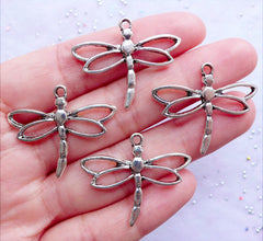 CLEARANCE Hollow Dragonfly Charms | Silver Dragonfly Outline Pendant | Insect Drop | Jewelry Charm Supplies (4 pcs / Tibetan Silver / 31mm x 26mm)