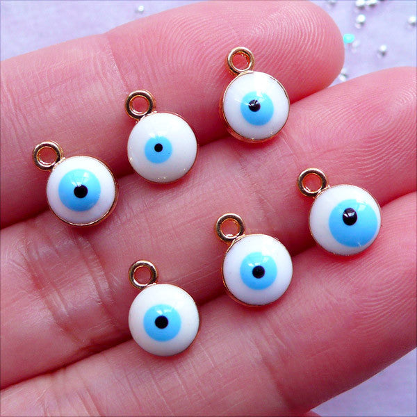 Mini Evil Eye Charms | Tiny Enamel Stink Eye Drop | Protection Jewelry Making | Turkish Nazar Charm Supplies (6pcs / Gold & White / 7mm x 9mm / 2 Sided)