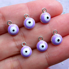 Tiny Evil Eye Charms | Little Nazar Pendant | Enameled Stink Eye Drop | Spiritual Yoga Jewellery DIY (6pcs / Silver & Purple / 7mm x 9mm / 2 Sided)