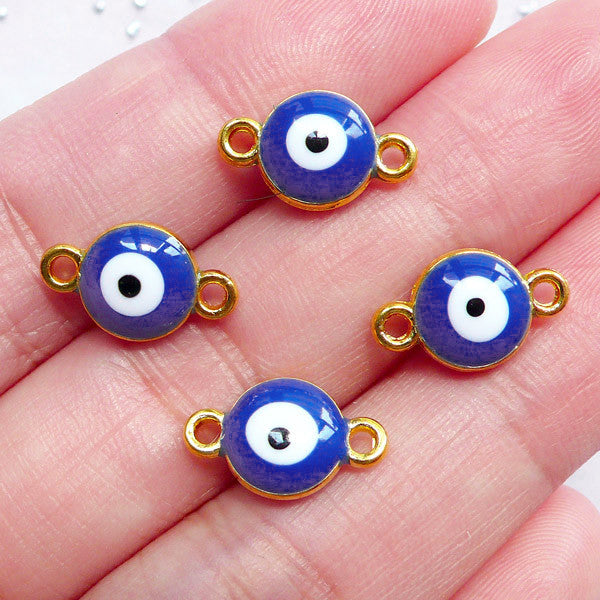 Blue Evil Eye Charm Link | Enameled Nazar Charm Connector | Talisman Charm Supplies | Protective Jewellery DIY (4pcs / Gold & Blue / 8mm x 13mm / 2 Sided)