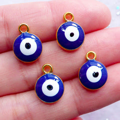 Small Nazar Charms | Enamel Evil Eye Pendant | Sacred Charm Supplies | Good Luck Jewellery | Spiritual Talismans (4pcs / Gold & Blue / 10mm x 13mm / 2 Sided)
