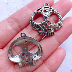 Silver Sugar Skull Charms | Day of the Dead Pendant | Mexican Halloween Jewelry Making | Silver Charm Supplies (3 pcs / Tibetan Silver / 27mm x 27mm)