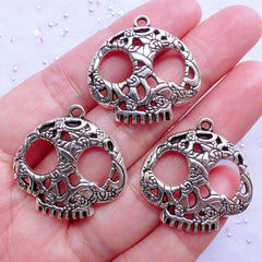 Silver Sugar Skull Charms | Day of the Dead Pendant | Mexican Halloween Jewelry Making | Silver Charm Supplies (3 pcs / Tibetan Silver / 27mm x 27mm)