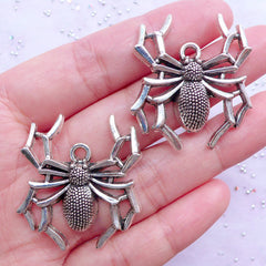 Silver Spider Charms | Big Spider Pendant | Gothic Jewelry Making | Large Insect Charm | Spooky Halloween Decor (2 pcs / Tibetan Silver / 32mm x 35mm)