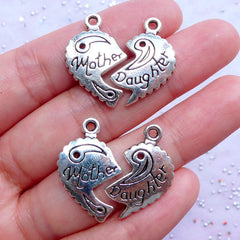CLEARANCE Mother & Daughter Heart Charms | Heart Puzzle Pendant | Gift for Mom | Mother's Day Craft Supplies (2 Sets / Tibetan Silver)