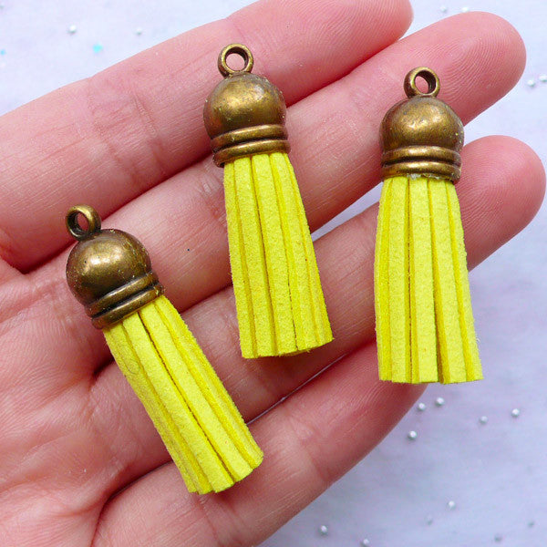 CLEARANCE Suede Tassel Charms with Antique Bronze Cap | Faux Leather Fringe Tassel Pendant | Small Jewelry Tassels | Tassel Keychain DIY (3pcs / Yellow / 10mm x 38mm)