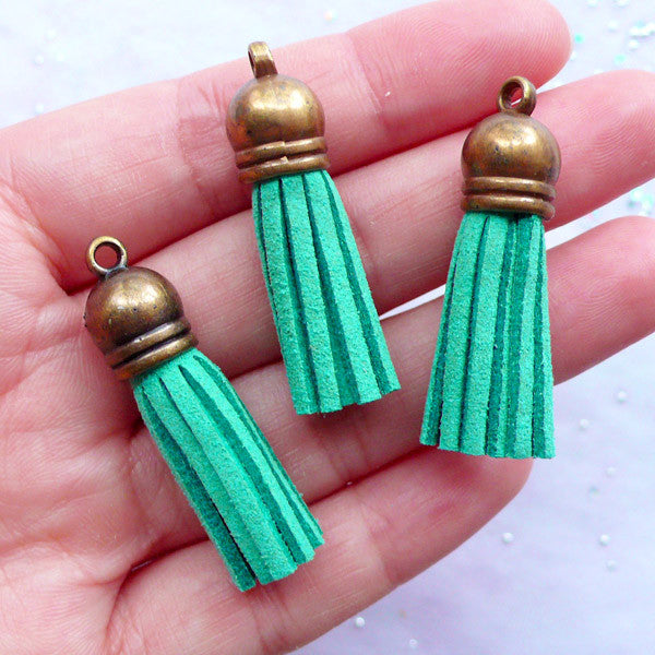 Faux Leather Tassels with Antique Bronze Cap | Small Fringe Tassel Charms | Tassel Jewelry Making | Suede Tassel Necklace DIY (3pcs / Teal Turquoise Blue Green / 10mm x 38mm)