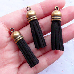 Small Suede Tassels with Antique Bronze Cap | Fake Leather Tassel Pendant | Fringe Tassel Jewellery DIY | Tassel Earrings Making (3pcs / Black / 10mm x 38mm)