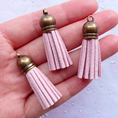 Suede Tassels with Antique Bronze Cap | Small Fringe Tassel Pendant | Leather Tassel Jewellery Making | Tassel Key Chain DIY (3pcs / Light Pink / 10mm x 38mm)