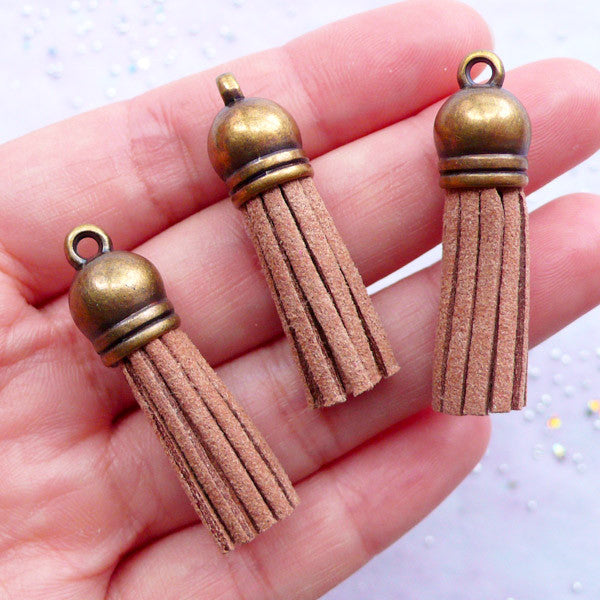 CLEARANCE Fake Leather Tassel Pendant with Antique Bronze Cap | Faux Suede Tassel Charms | Fringe Earrings DIY | Jewelry Findings (3pcs / Light Brown / 10mm x 38mm)