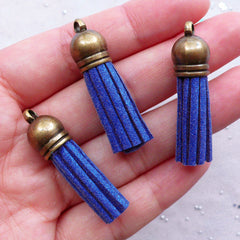 Small Leather Tassels with Antique Bronze Cap | Synthetic Suede Fringe Tassels | Colored Tassel Pendant | Fringe Keychain Making (3pcs / Blue / 10mm x 38mm)