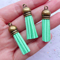 Small Tassels with Antique Bronze Cap | Synthetic Leather Fringe Tassels | Colored Suede Tassels | Fringe Jewellery Making (3pcs / Mint Blue Green / 10mm x 38mm)