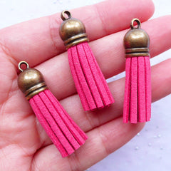 CLEARANCE Fringe Tassels with Antique Bronze Cap | Synthetic Leather Tassels | Colored Suede Fringe | Tassel Jewelry DIY (3pcs / Dark Pink / 10mm x 38mm)