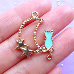 Moon and Cat Open Back Bezel Charm | Crescent Moon Outline Pendant | Kawaii Deco Frame for UV Resin Jewellery Making (1 piece / Gold & Blue / 22mm x 29mm)