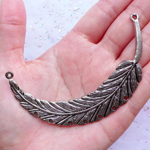 CLEARANCE Large Feather Charm Connector | Big Silver Feather Pendant | Statement Necklace Making (1 Piece / Tibetan Silver / 49mm x 85mm)