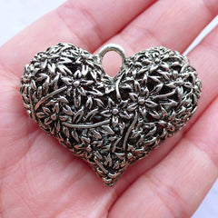Large Filigree Heart Charms | Big Puffy Heart Pendant | Hollow Flower Heart | Wedding Decoration (1 Piece / Tibetan Silver / 42mm x 33mm / 2 Sided)