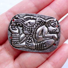 Maya Glyph Charm Connector | Mayan Totem Pendant | Tailsman Mystical Charm | Aztec Jewelry Making | Ancient Wall Carving Pattern (1 Piece / Tibetan Silver / 38mm x 27mm)