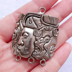 Mayan Glyph Charm Connector | Maya Totem Pendant | Aztec Incan Jewellery DIY | Mystical Tailsman Charm | Ancient God Pattern (1 Piece / Tibetan Silver / 36mm x 43mm)