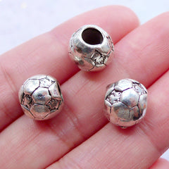 CLEARANCE Football Beads | Soccer Bead | Silver Round Ball Beads | Large Hole Focal Bead | European Bead Supplies | Charm Necklace & Bracelet Making (3pcs / Tibetan Silver / 11mm x 9mm)