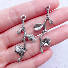 Flower Branch Charms | Silver Floral Pendant | Nature Necklace Making | Spring Jewellery DIY (5pcs / Tibetan Silver / 16mm x 41mm)
