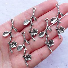Flower Branch Charms | Silver Floral Pendant | Nature Necklace Making | Spring Jewellery DIY (5pcs / Tibetan Silver / 16mm x 41mm)