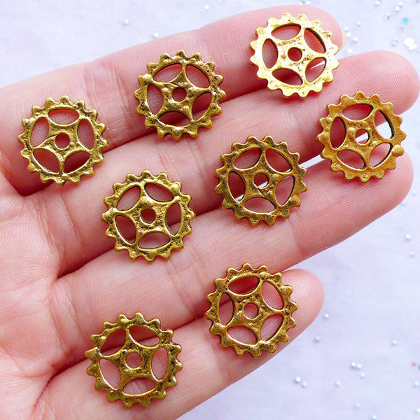 Gold Steampunk Charms | Clockwork Gear Charm Connector | Mechanical Gogwheel Watch Parts | Vintage Steam Punk Jewelry Making (8pcs / Antique Gold / 15mm / 2 Sided)