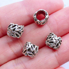 CLEARANCE Leaves Beads | Silver Barrel Bead with Leaf Pattern | Big Hole European Bead | Floral Charm Bracelet Making | Nature Jewelry (4pcs / Tibetan Silver / 8mm x 7mm)