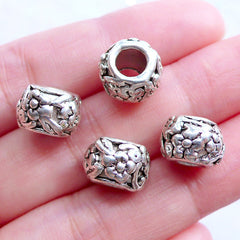 Silver Floral Beads | Barrel Bead with Flower Pattern | Large Hole Beads | European Charm Bracelet | Nature Jewellery (4pcs / Tibetan Silver / 11mm x 8mm)