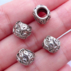 Silver Leaf Barrel Beads | Leaves Bead | Large Hole Floral Beads | Nature Beads | European Charm Bracelet DIY (4pcs / Tibetan Silver / 9mm x 7mm)