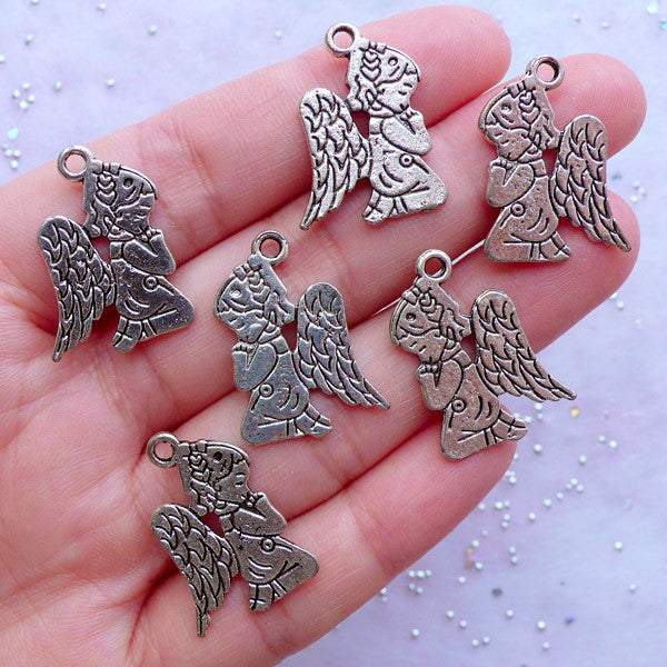Guardian Angel Charms | Silver Praying Angel Drawing Pendant | Baptism Favor Decoration | First Communion Jewelry DIY | Confirmation Gift (6pcs / Tibetan Silver / 17mm x 23mm / 2 Sided)