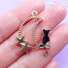 Crescent Moon & Kitten Open Bezel | Magical Girl Jewelry Supplies | Kawaii Moon Charm | Deco Frame for UV Resin Art (1 piece / Gold & Black / 22mm x 29mm)