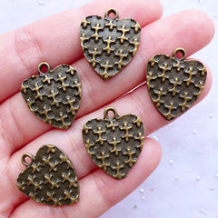 Bronze Heart Charms with Puzzle Pattern | Heart Pendant with Cross Pattern | Love Decor | Wedding Supplies | Valentine's Day Decoration (5pcs / Antique Bronze / 17mm x 20mm)