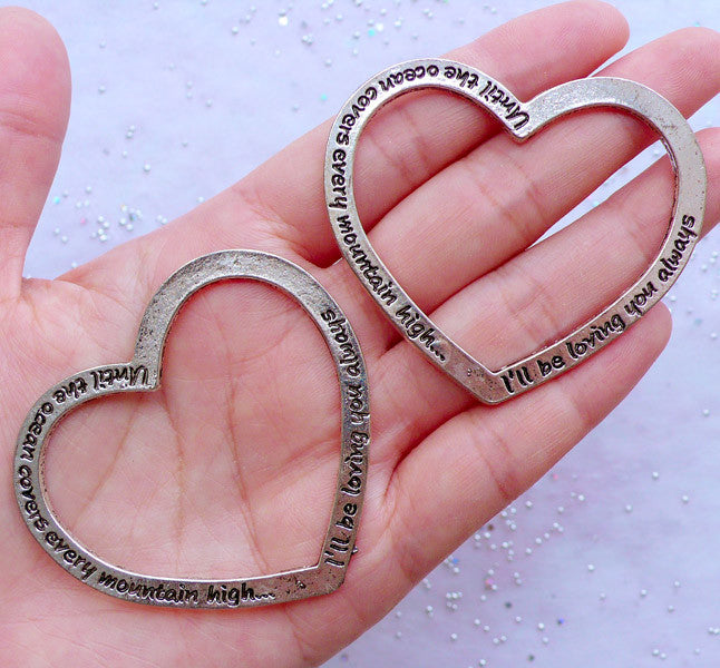 Big Heart Connector Charms | Large Heart Outline Pendant | Until the Ocean Covers Every Mountain High I'll Be Loving You Always | Wedding Decoration | Valentine's Day Decor (2pcs / Tibetan Silver / 57mm x 50mm)