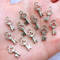 Mini Key Charms | Silver Skeleton Key Pendant | Tiny Vintage Key Drop | Everyday Jewelry Making (12pcs / Tibetan Silver / 8mm x 16mm / 2 Sided)