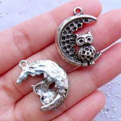 CLEARANCE Moon and Owl Charms | Silver Bird Pendant | Night Charm | Kawaii Goth Jewellery Making | Gothic Lolita Necklace DIY (2pcs / Tibetan Silver / 20mm x 27mm)