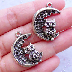 CLEARANCE Moon and Owl Charms | Silver Bird Pendant | Night Charm | Kawaii Goth Jewellery Making | Gothic Lolita Necklace DIY (2pcs / Tibetan Silver / 20mm x 27mm)