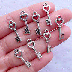 Tiny Skeleton Key Charms | Silver Heart Key Pendant | Mini Antique Key Drop | Wedding Decoration | Favor Embellishments | Valentine's Day Supplies (8pcs / Tibetan Silver / 7mm x 21mm / 2 Sided)