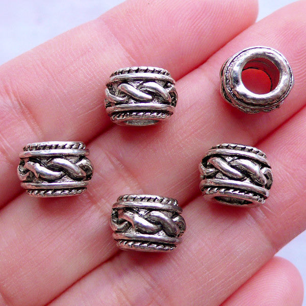 CLEARANCE Barrel Beads with Twisted Rope Pattern | European Charm Bracelet Making | Large Hole Spacer Beads | Jewellery Supplies (5pcs / Tibetan Silver / 10mm x 7mm)