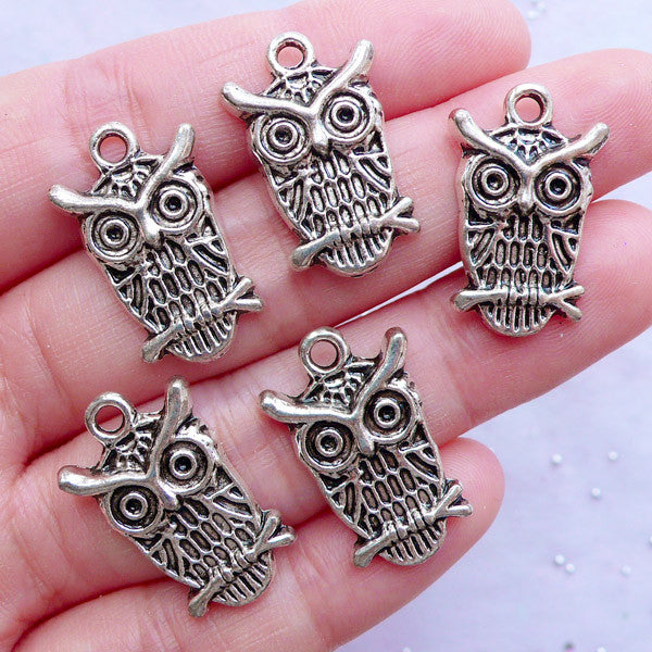 CLEARANCE Great Horned Owl Pendant | Silver Owl on a Branch Charms | Bird Charm | Animal Jewellery Making | Silver Charm Supplies | Zipper Pull DIY (5pcs / Tibetan Silver / 14mm x 23mm)