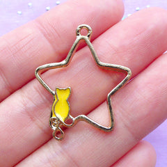 Star and Cat Open Backed Bezel Charm | Mahou Kei Charm | Kawaii Jewellery Supplies | Deco Frame for UV Resin Crafts (1 piece / Gold & Yellow / 24mm x 29mm)