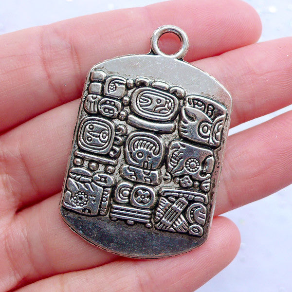 Mayan Totem Tag Charms | Maya Glyph Tag Pendant | Tailsman Jewellery | Aztec Inca Charm | Mystical Ancient Carving Pattern (1 Piece / Tibetan Silver / 28mm x 43mm)