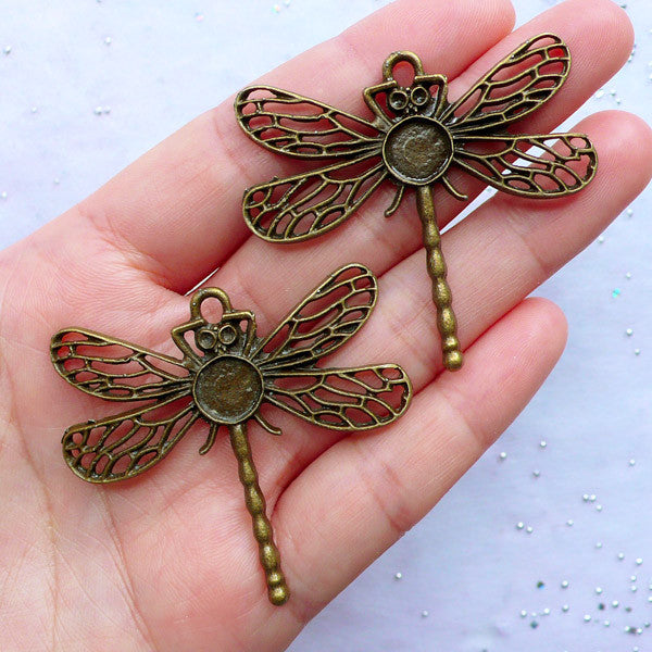 Large Dragonfly Charms | Bronze Dragonfly Pendant | Nature Charm | Insect Jewellery | Necklace & Earrings Making (2pcs / Antique Bronze / 48mm x 43mm)