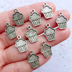 Silver Cupcake Charms | Miniature Sweets Pendant | Food Charm | Kawaii Jewellery | Cute Planner Charm | Bakery Product Tag Charm (10 pcs / Tibetan Silver / 11mm x 15mm)