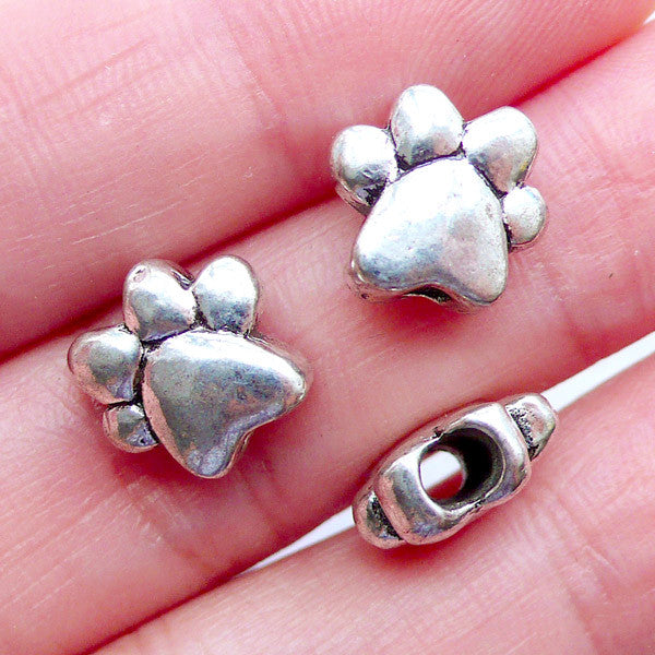 Silver Dog Paw Beads | Animal Focal Beads | Pet Jewellery | Footprint Bead | Gift for Dog Lover | Animal Charm Bracelet Making (3pcs / Tibetan Silver / 11mm x 10mm / 2 Sided)