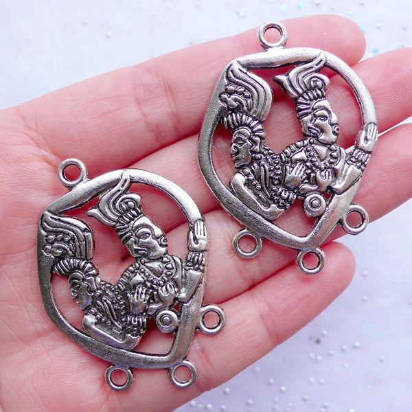 Mayan Totem Charm Connector with Ancient God Pattern | Maya Glyph Pendant with Charm Hanger | Protection Amulet Charm | Tailsman Charm | Inca Aztecan Jewelry Making (2 pcs / Tibetan Silver / 34mm x 46mm)